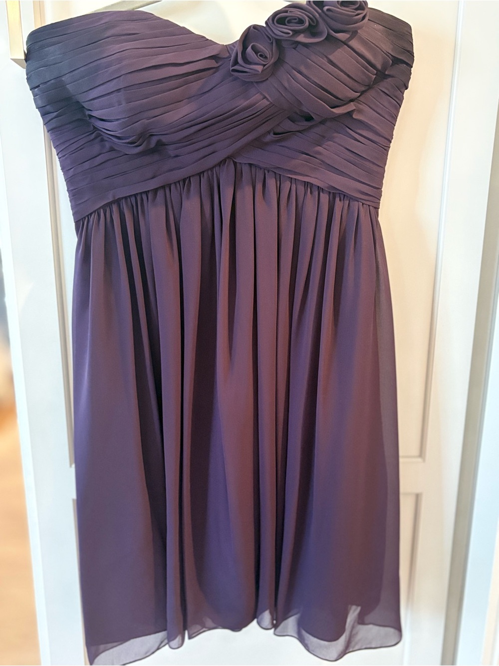 Bill Levkoff Strapless Plum Chiffon Dress with Rosette Accents